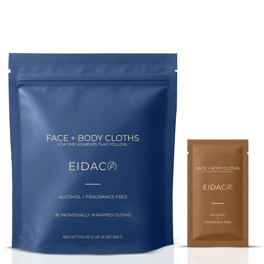 EIDACO Face + Body Cloths in individually wrapped packaging